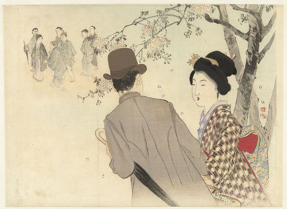 Man met bolhoed en paraplu en dame in kimono (1900 - 1925) by Takeuchi Keishu