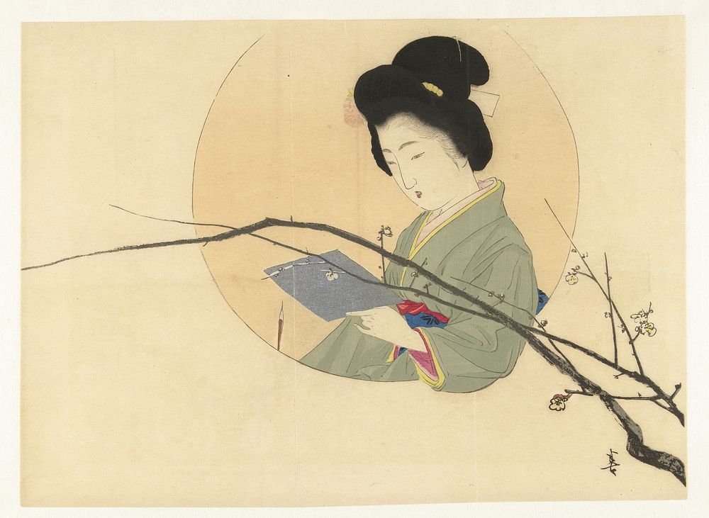 Lezende vrouw met bloeiende tak (1900 - 1917) by Kajita Hanko
