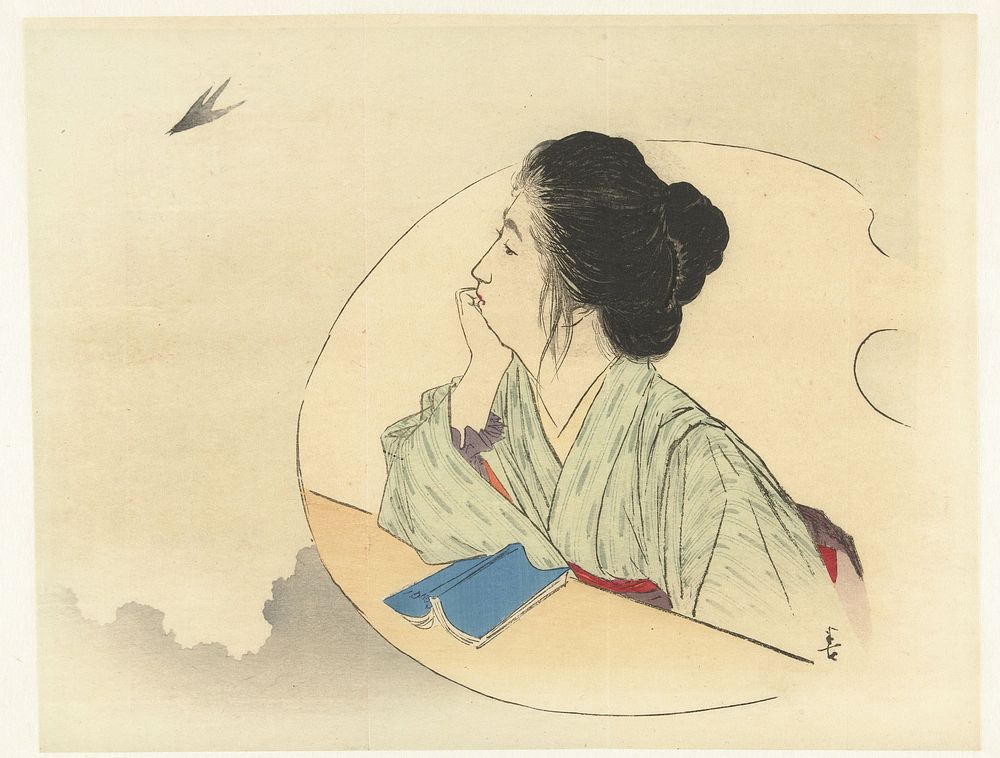 Vrouw die naar een vogel kijkt (1900 - 1917) by Kajita Hanko