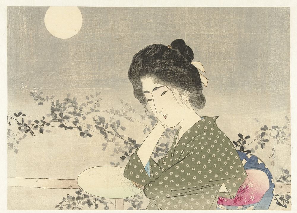 Vrouw met een waaier bij maanlicht (1900 - 1925) by Tsutsui Toshimine