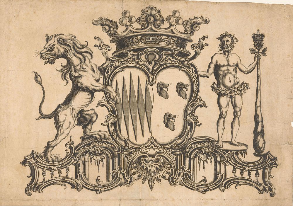 Wapen geflankeerd door leeuw en Hercules (1740 - 1760) by anonymous