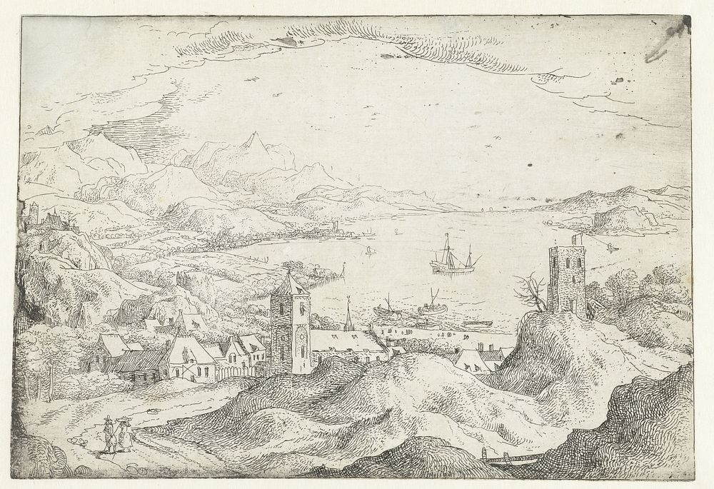 Landschap met brede rivier en dorp (1550 - 1580) by anonymous