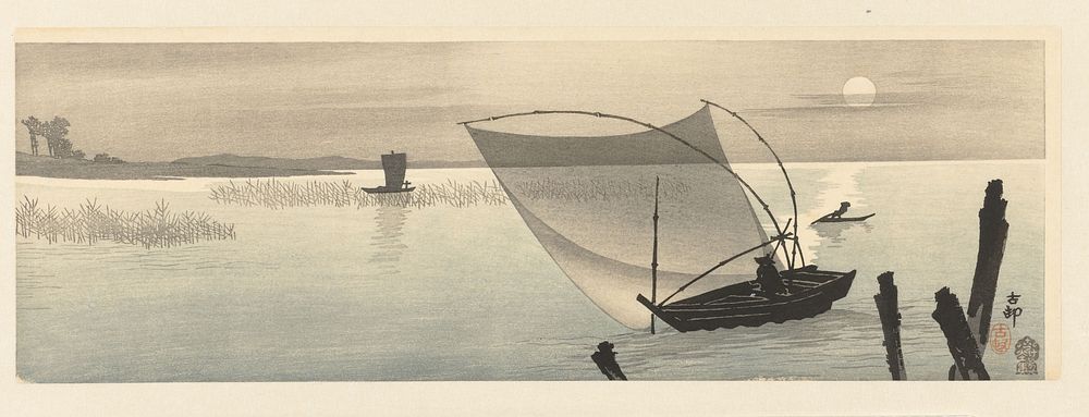 Vissersboten bij volle maan (1900 - 1910) by Ohara Koson and Akiyama Buemon