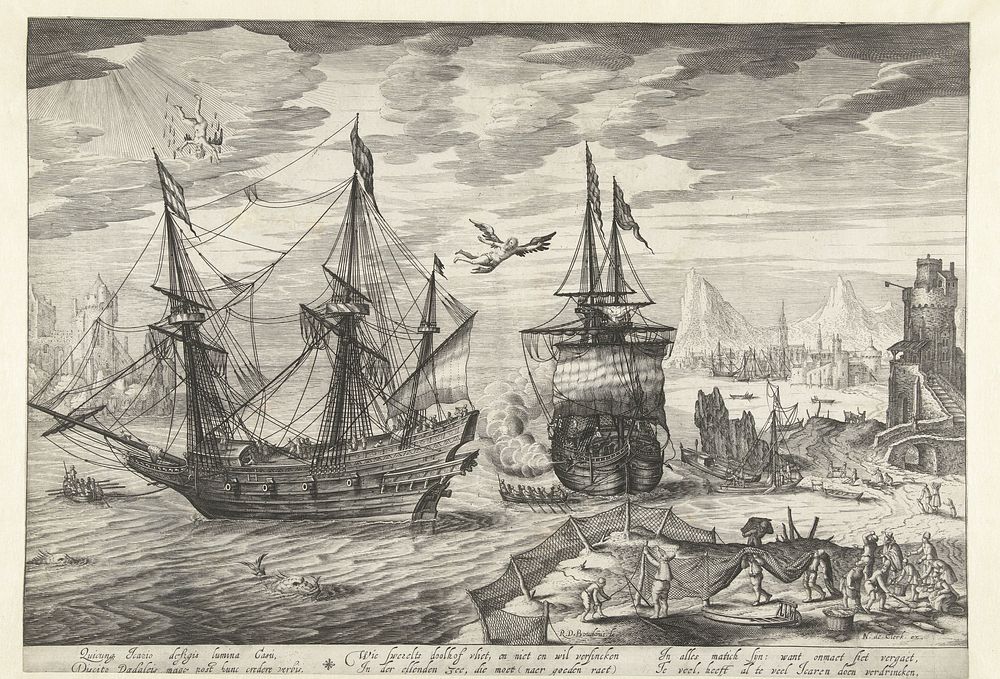 Haven met schepen, in de lucht de val van Icarus (1591 - 1623) by Robert de Baudous and Nicolaes de Clerck