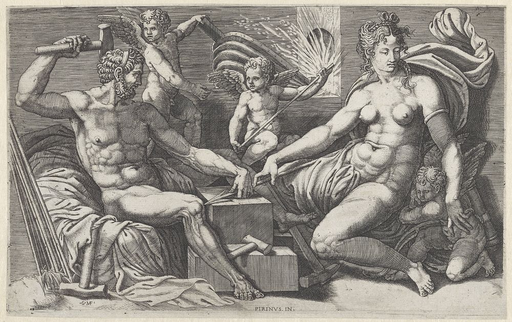 Venus en Vulcanus in de smidse van Vulcanus (1530 - 1582) by Giorgio Ghisi and Perino del Vaga