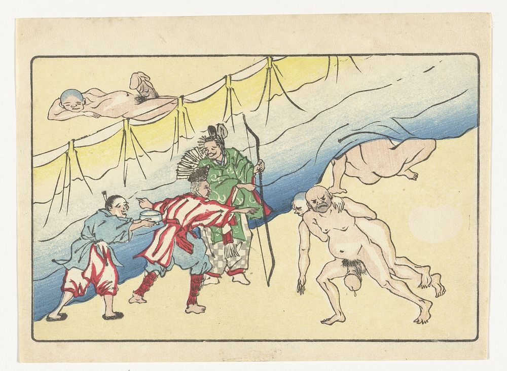 Boogschutter en naakte mannen (c. 1870 - c. 1880) by Kawanabe Kyôsai