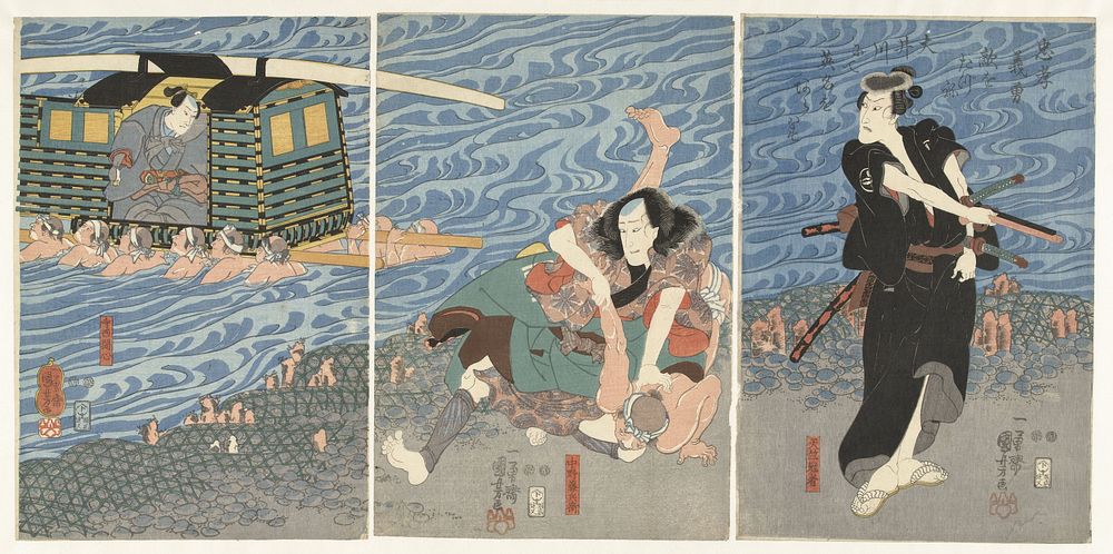 Gevecht langs de oever van de Oi rivier (1847 - 1848) by Utagawa Kuniyoshi, Muramatsu Genroku, Yoshimura Gentaro and Enshuya…
