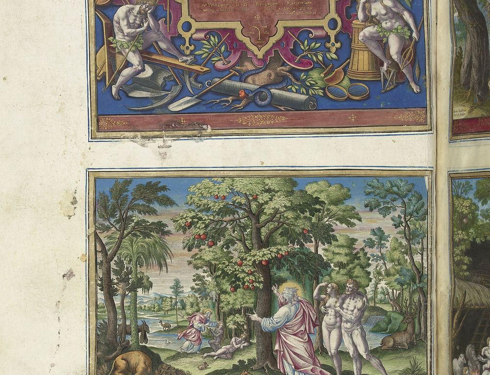 Ornamentele lijst met Adam en Eva (1583) by Johann Sadeler I, Maerten de Vos, Johann Sadeler I, Johann Sadeler I, Francesco…