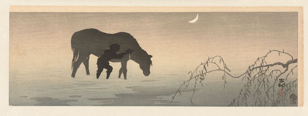 Man en paard (1900 - 1910) by Ohara Koson and Akiyama Buemon