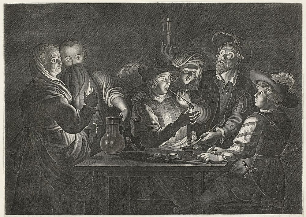 Rokende en drinkende mannen in een herberg (1619 - 1652) by Nicolaes Lauwers, Gerard Seghers and M Bunel