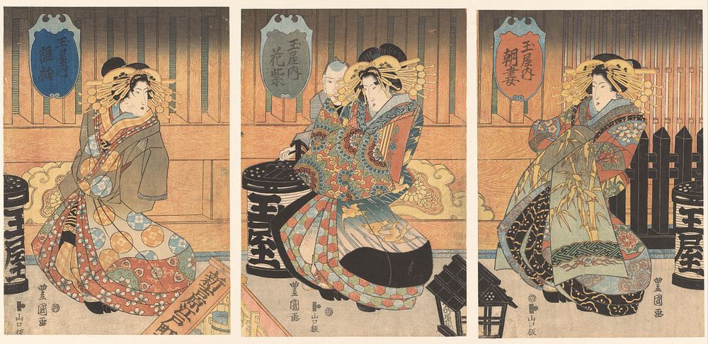 Drie courtisanes uit het Tamaya huis (c. 1828) by Toyokuni II  Utagawa and Yamaguchiya Tobei