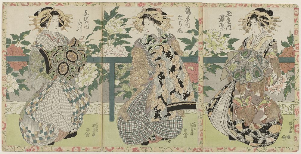 Drie courtisanes (c. 1814 - c. 1815) by Utagawa Kunisada I and Enomotoya Kichibei