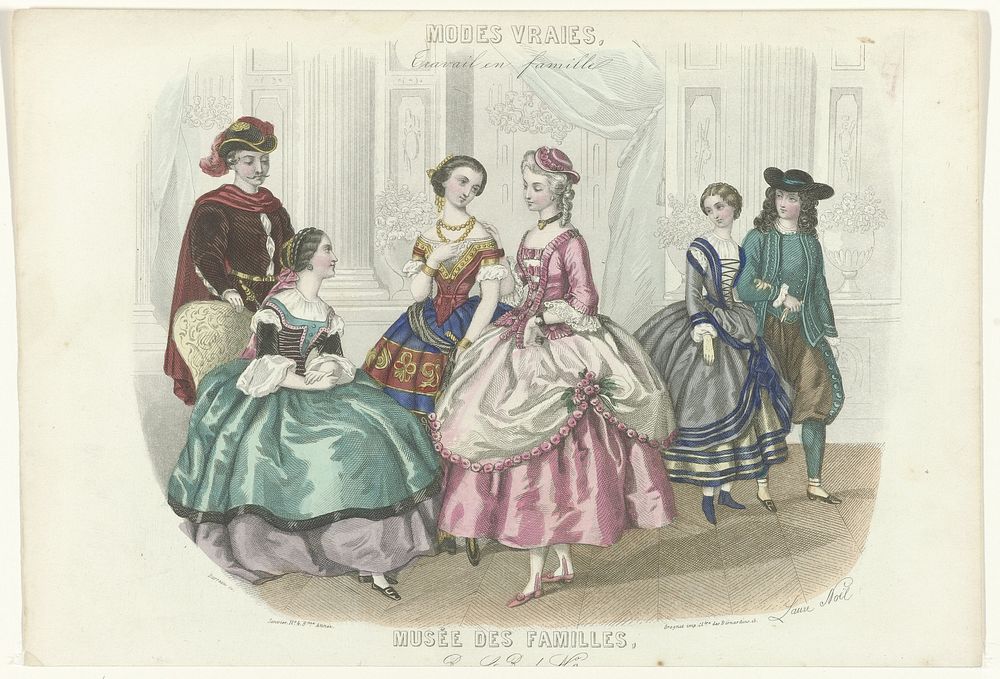 Musée des Familles, Janvier 1857, No. 4, 8me Année : Modes Vraies, Travail en famille (1857) by Jean Charles Michel Barreau…