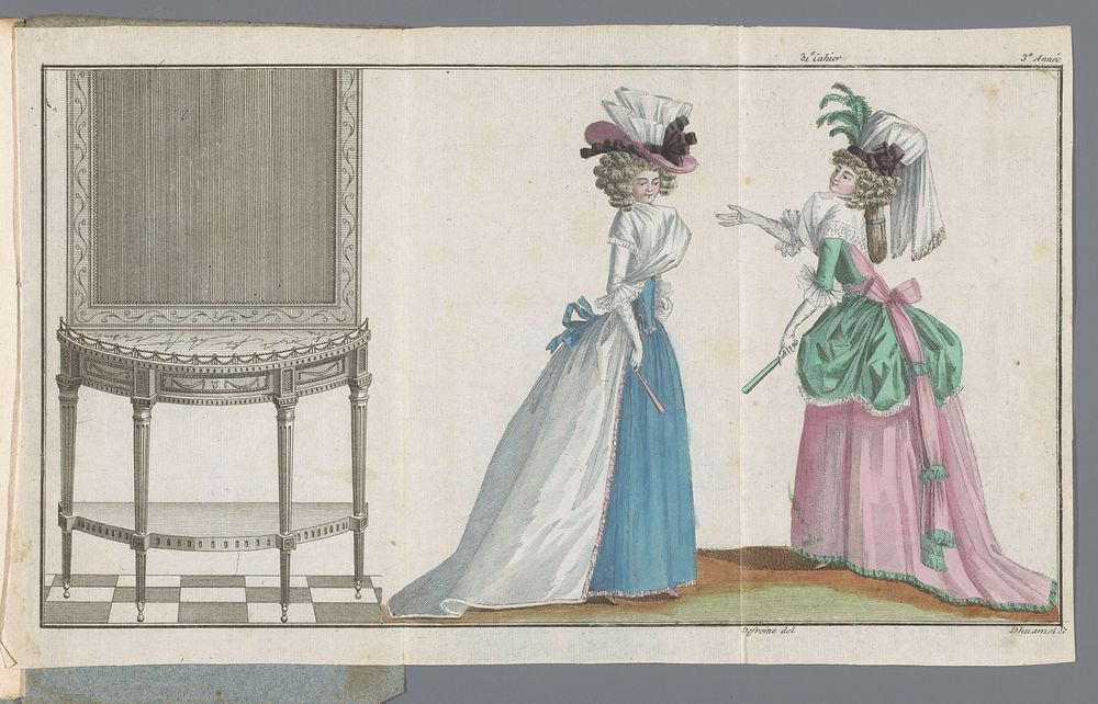 Magasin des Modes Nouvelles Françaises et Anglaises, 20 septembre 1788, 3e Année, 31e cahier, Pl. 1, 2 et 3 (1788) by A B…