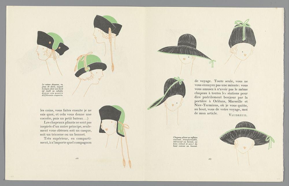 Gazette du Bon Ton, 1922 - No. 9 : p. 266-267: les chapeaux pliants (1922) by anonymous, Lucien Vogel, Condé Nast Publisher…