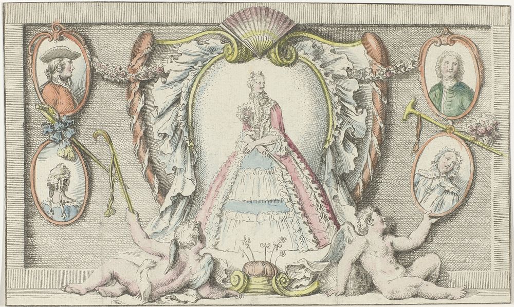 Staande vrouw, twee putti en vier medaillons (1730) by anonymous
