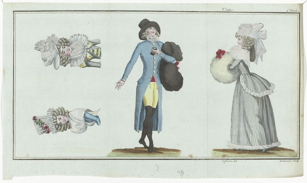 Magasin des Modes Nouvelles Françaises et Anglaises, 11 février 1789, Pl. 1, 2 et 3 (1789) by A B Duhamel, Defraine and…