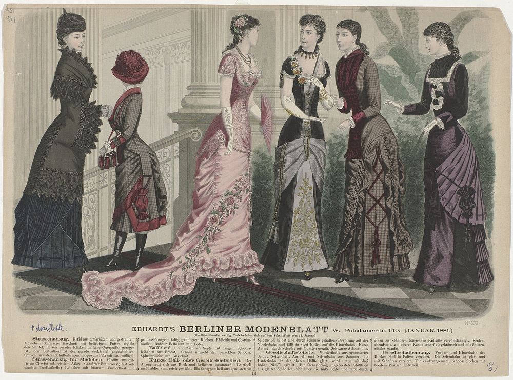 Berliner-Modenblatt, Januar 1881, No. 633 : Strassenanzug. Kleid aus einfarbigem (...) (1881) by anonymous