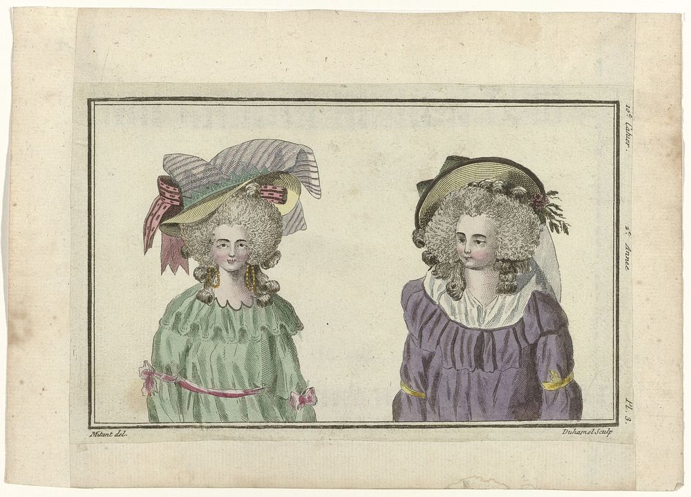 Magasin des Modes Nouvelles Françaises et Anglaises, 20 février 1787, Pl. 3 (1787) by A B Duhamel, Mitan and Buisson