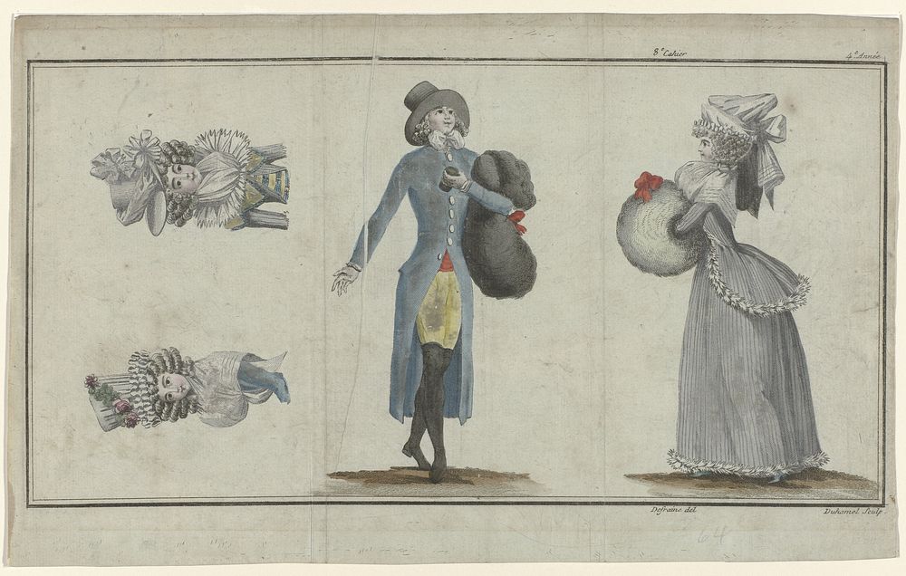 Magasin des Modes Nouvelles Françaises et Anglaises, 11 février 1789, Pl. 1, 2 et 3 (1789) by A B Duhamel, Defraine and…