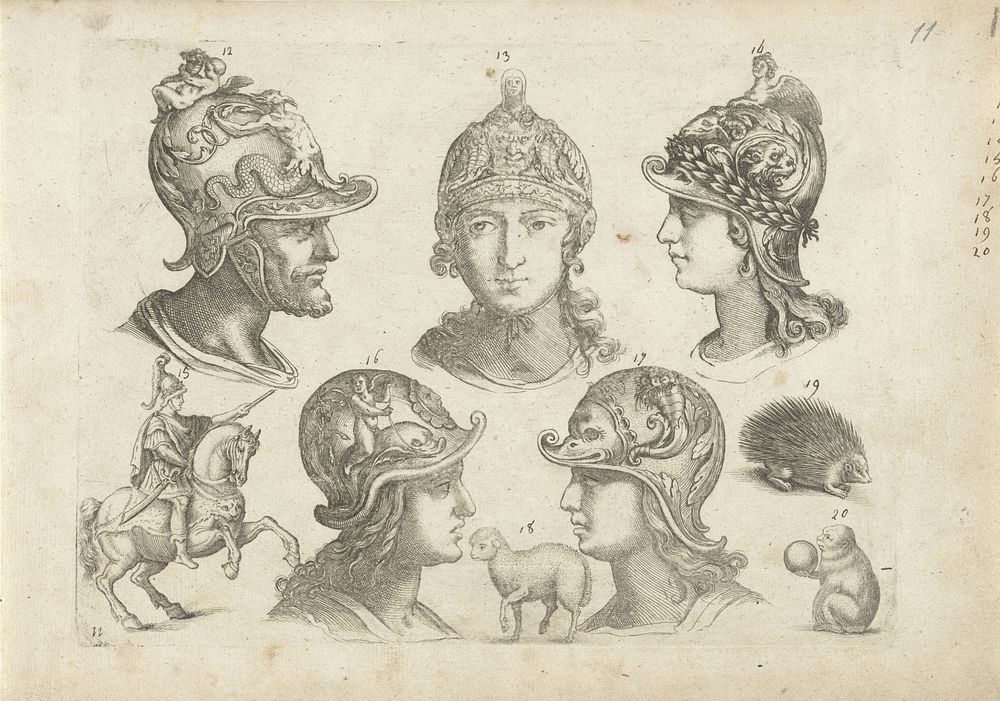 Studieblad met tekenvoorbeelden: koppen en dieren (1610 - 1672) by Michael Snijders, Michael Snijders and Adriaen Collaert