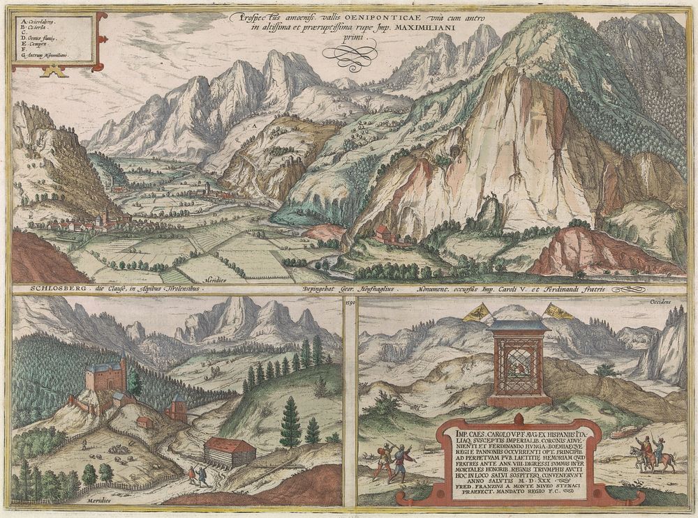 Drie gezichten in en rond het dal van de Inn in Oostenrijk, met de Alpen op de achtergond (1590) by Jacob Hoefnagel, Symon…