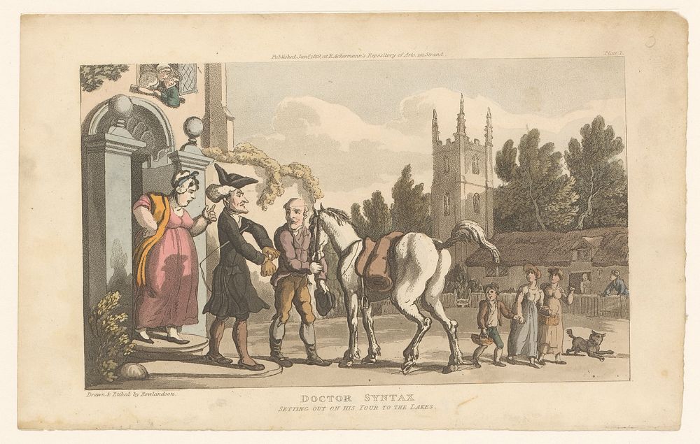 Doctor Syntax staat op het punt om op zijn paard te stappen (1819) by Thomas Rowlandson, Thomas Rowlandson and Rudolph…