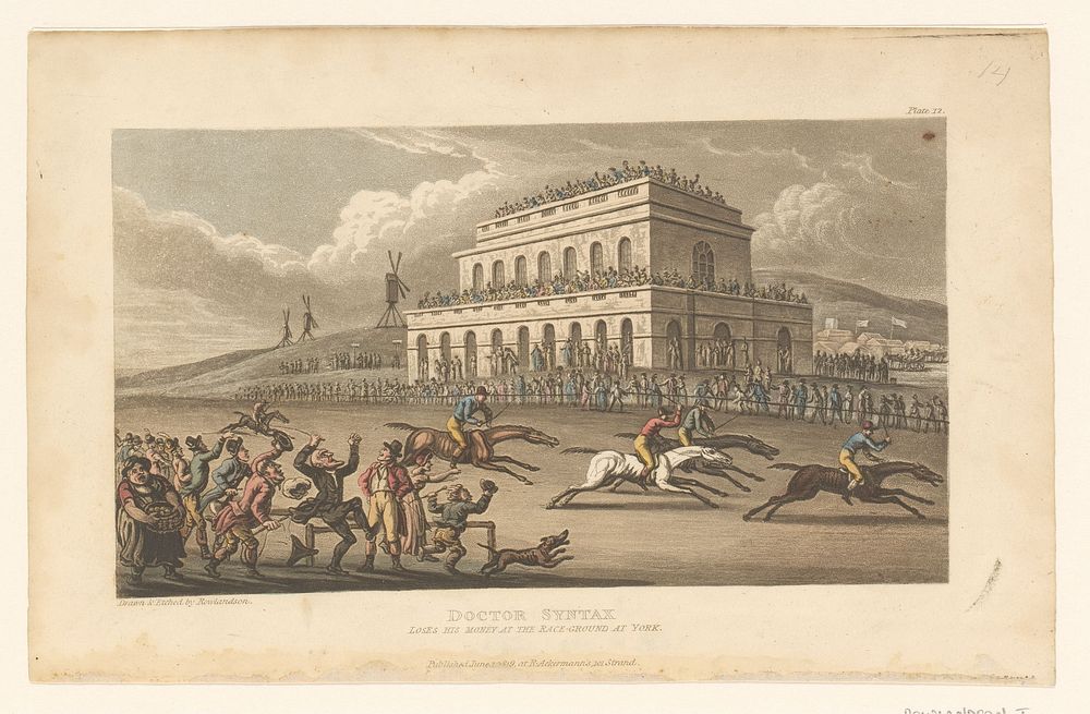 Doctor Syntax bij een paardenrace te York (1819) by Thomas Rowlandson, Thomas Rowlandson and Rudolph Ackermann
