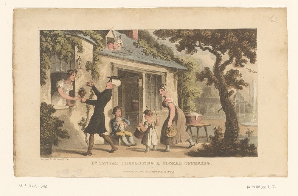Doctor Syntax geeft bloemen aan een vrouw in een venster (1820) by Thomas Rowlandson, Thomas Rowlandson and Rudolph Ackermann