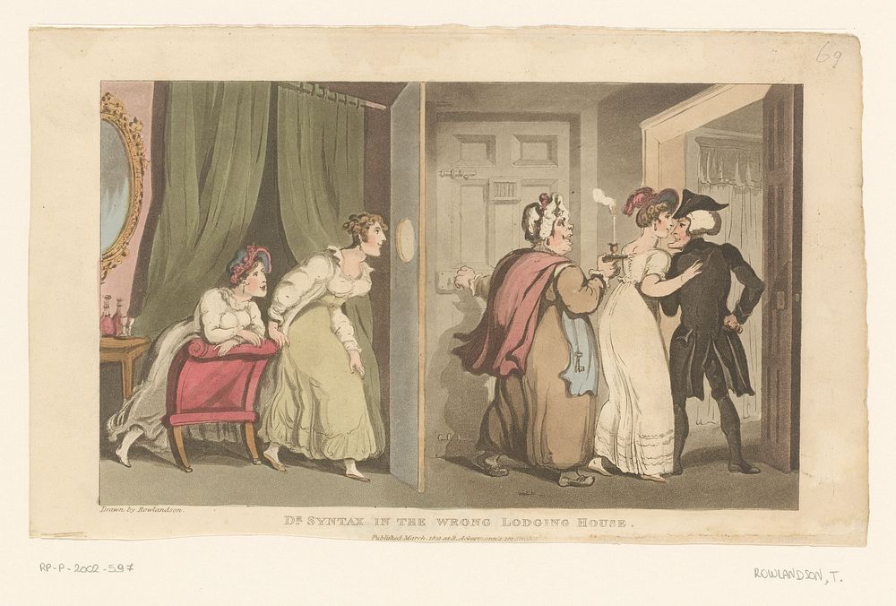 Doctor Syntax wordt door een deur geleid door twee vrouwen (1821) by Thomas Rowlandson, Thomas Rowlandson and Rudolph…
