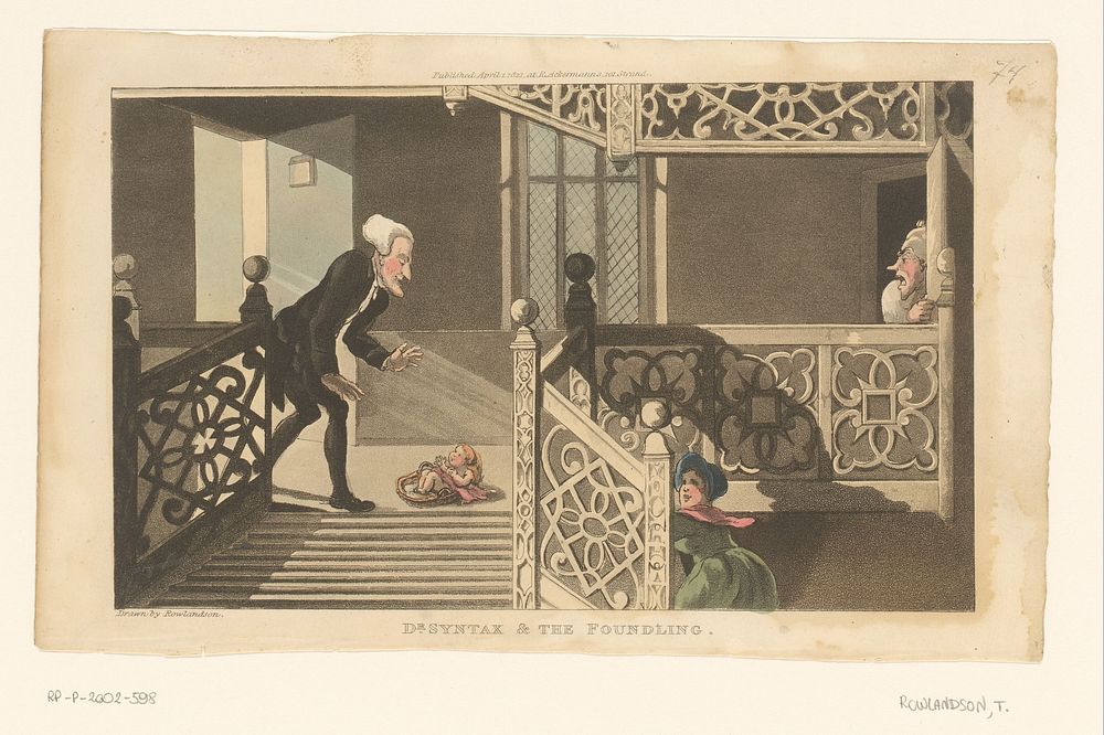 Doctor Syntax vindt een baby voor zijn deur (1821) by Thomas Rowlandson, Thomas Rowlandson and Rudolph Ackermann