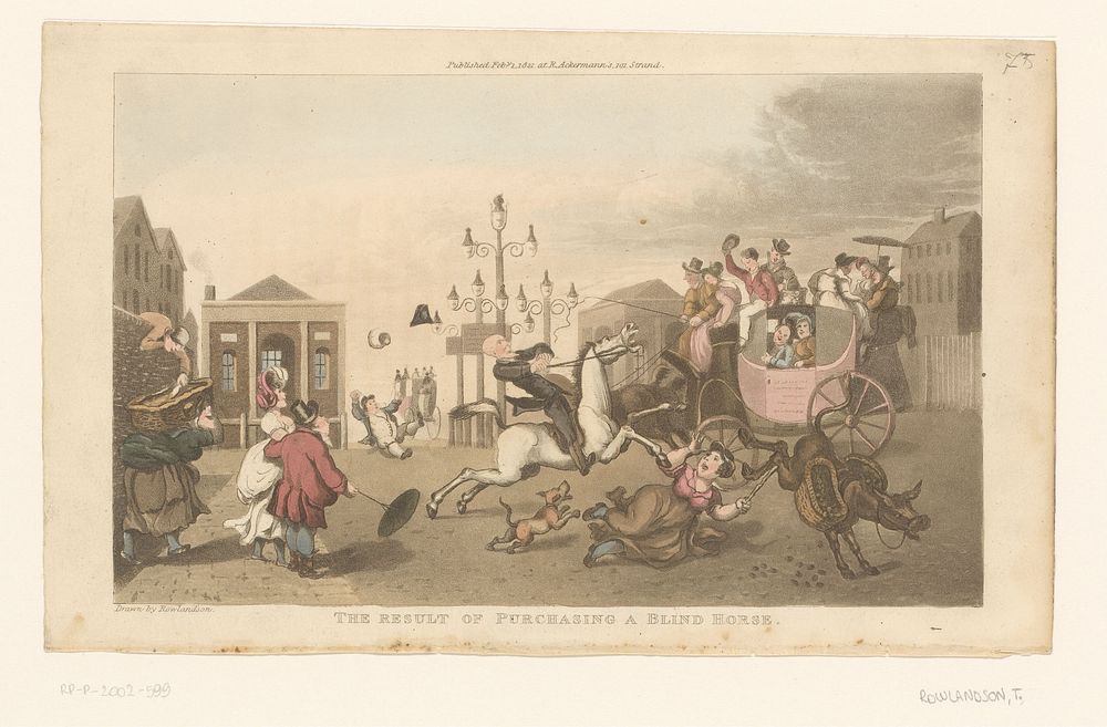 Doctor Syntax rijdt met zijn paard in op een koets en een vrouw met ezel (1821) by Thomas Rowlandson, Thomas Rowlandson and…