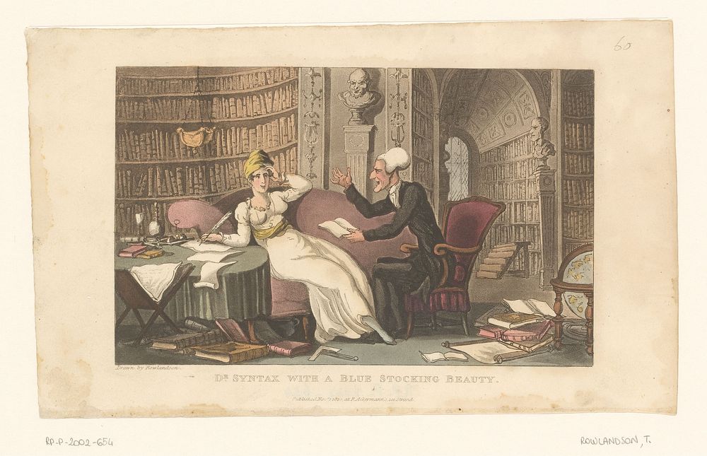 Doctor Syntax met een vrouw in een bibliotheek (1820) by Thomas Rowlandson, Thomas Rowlandson and Rudolph Ackermann