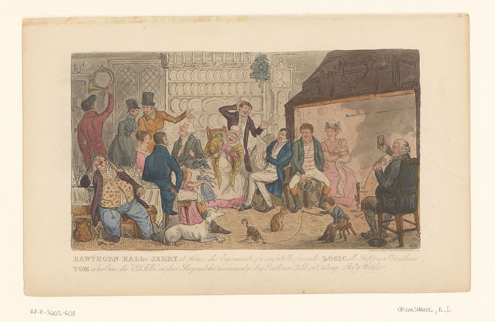 Interieur met Tom, Jerry, Logic en anderen rondom een open haard (c. 1820 - c. 1821) by Robert Isaac Cruikshank and Robert…