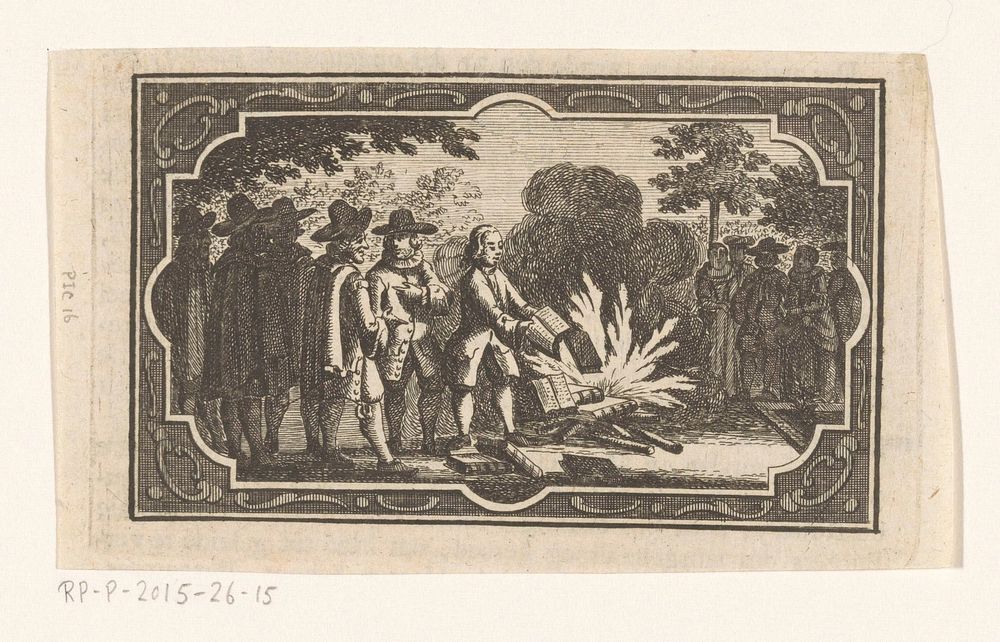 Boekverbranding van De vera Religione van Johannes Volkelius in de Amsterdamse Stadstimmertuin in 1642 (1780) by anonymous…
