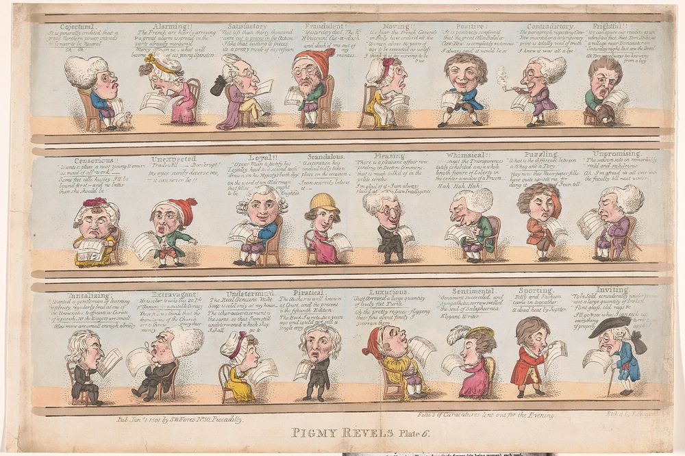 Vierentwintig karikaturen van mannen en vrouwen die de krant lezen (1801) by F Sansom, George Moutard Woodward and Samuel W…