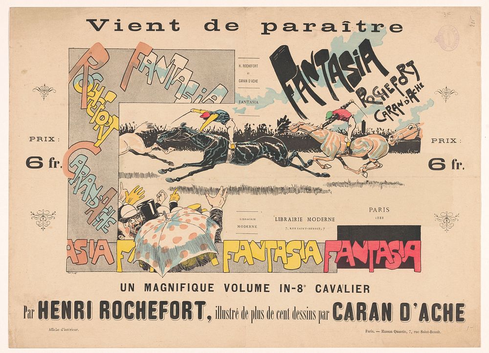 Reclamebiljet voor Fantasia door Henri Rochefort met illustraties door Caran d'Ache (1888) by Petit, Caran d Ache and Albert…