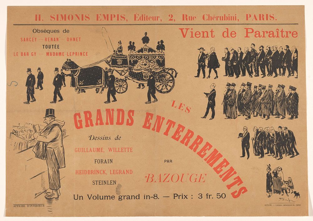 Reclamebiljet voor Les Grands Enterrements (1892) by anonymous, Théophile Alexandre Steinlen, Jean Louis Forain and…