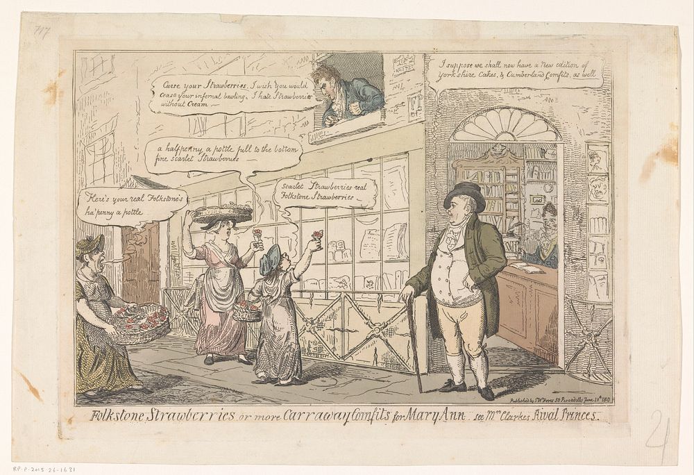 Verkoopsters van aardbeien voor de etalage van uitgever Samuel W Fores te Londen (1810) by George Cruikshank and Samuel W…