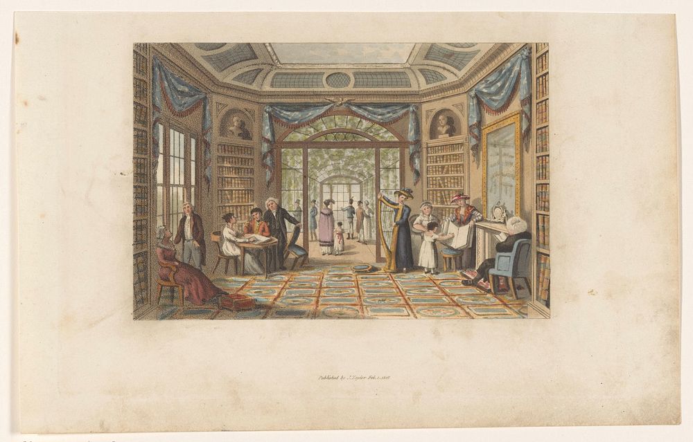 Gezelschap in een bibliotheek (1816) by anonymous and J Taylor