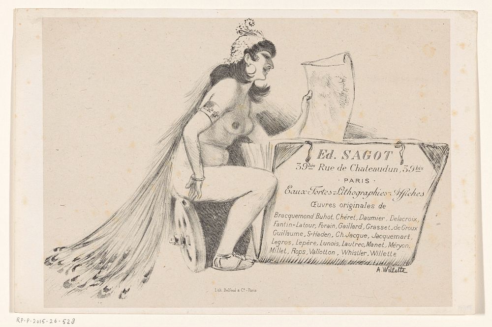 Visitekaartje van prenthandelaar Edmond Sagot te Parijs (1881 - 1917) by Adolphe Léon Willette, Imprimerie Belfond and Cie…