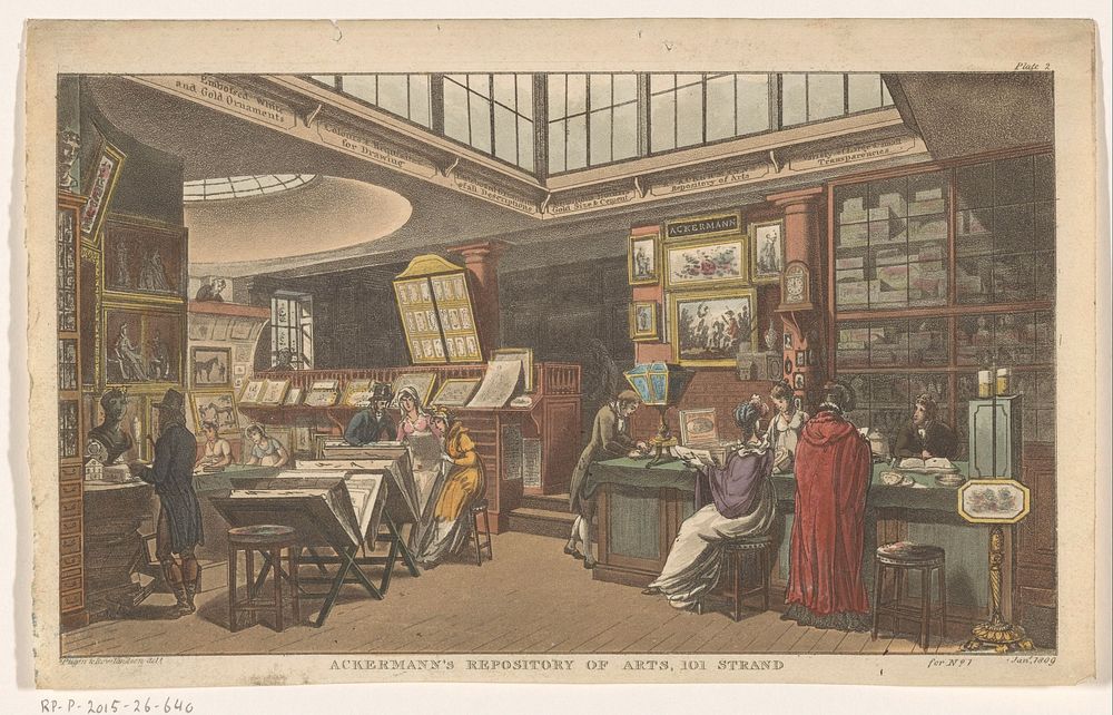 Interieur van Ackerman's Repository of the Arts te Londen (1809) by anonymous, Augustus Charles Pugin, Thomas Rowlandson and…