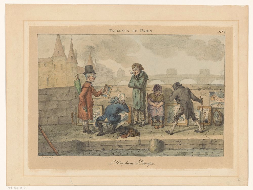 Prentverkoper op een brug te Parijs (1821) by Jean Henri Marlet and Adrien Victor Auger