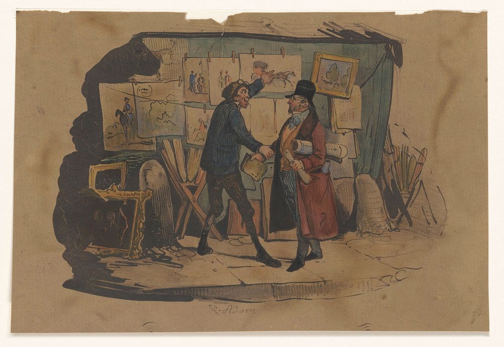 Straatverkoper met een kraam vol kunst houdt een man staande (1811 - 1866) by Victor Adam
