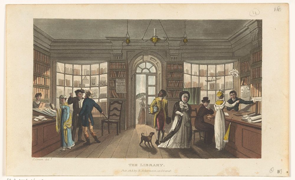 Interieur van een leenbibliotheek (1813) by Thomas Rowlandson, James Green and Rudolph Ackermann