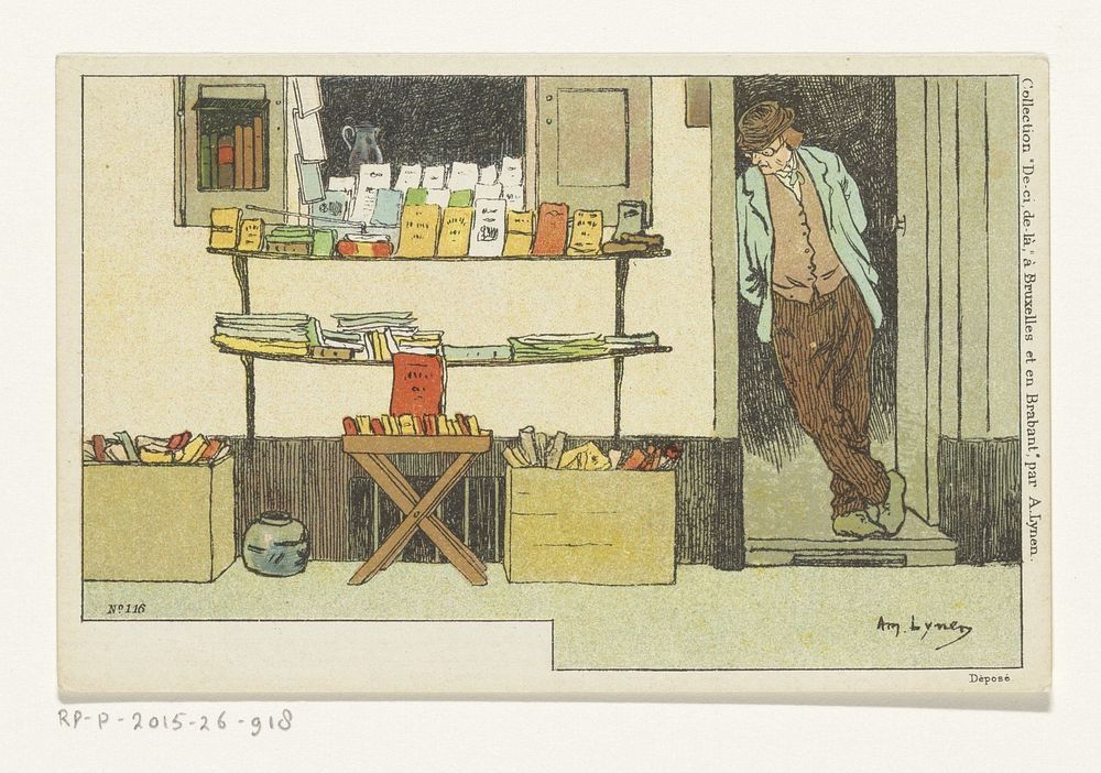 Uitstalling van boeken tegen een gevel, de boekhandelaar in de deuropening (c. 1900 - c. 1905) by anonymous and Amédée Lynen