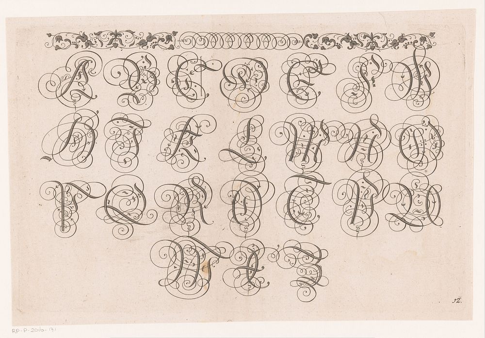 Gekalligrafeerd alfabat (1695 - 1790) by Johann Jacob Losenauer, Jeremias Wolf, Georg Balthasar Probst and Keizerlijk hof