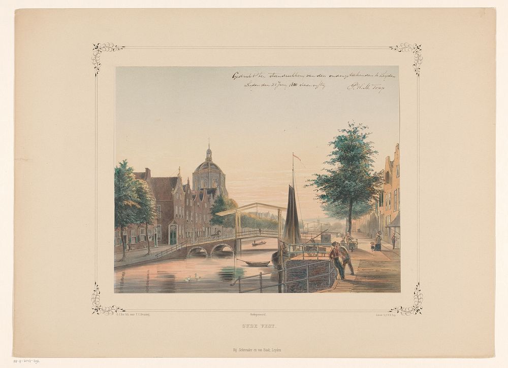 Gezicht op de Oude Vest te Leiden (1854) by Gerardus Johannes Bos, Tieleman Cato Bruining, Pieter Willem Marinus Trap and…