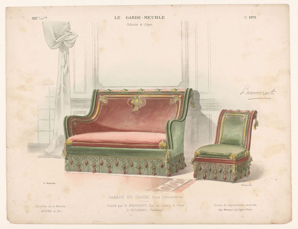 Canapé en stoel (1885 - 1895) by Chanat, Monrocq, Eugène Maincent and Désiré Guilmard