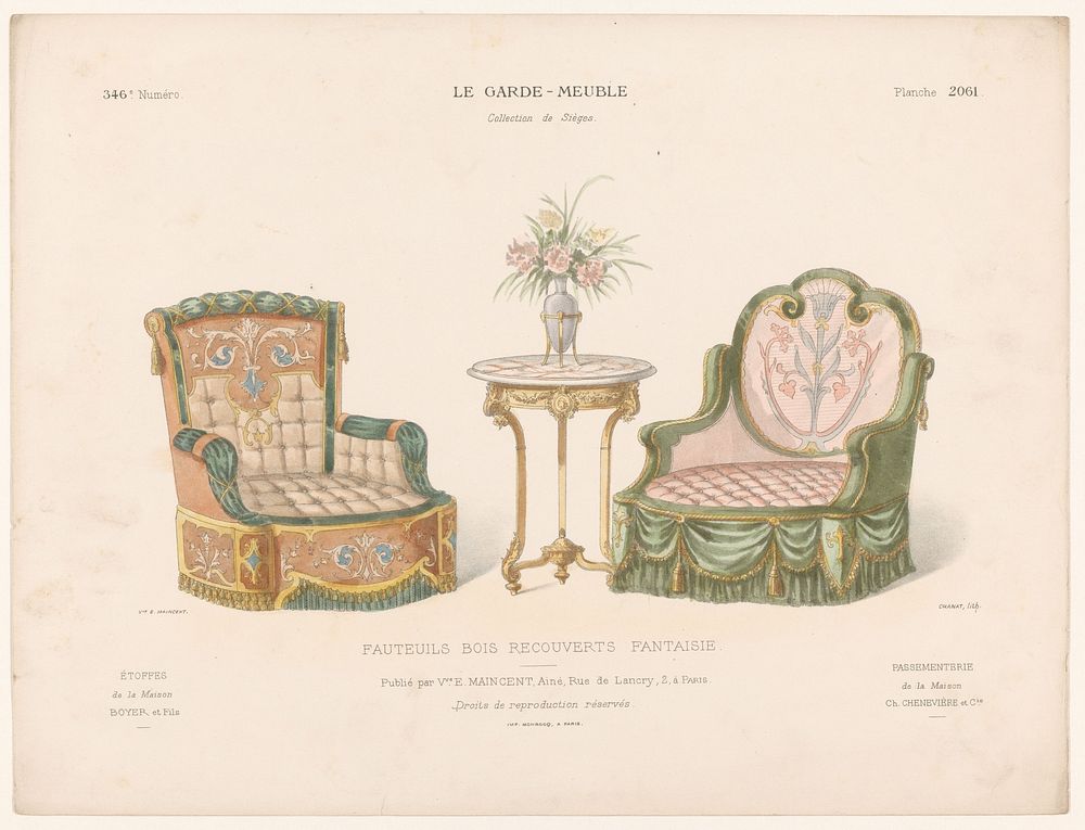 Twee fauteuils en tafel (1895 - 1935) by Chanat, Monrocq and weduwe Eugène Maincent